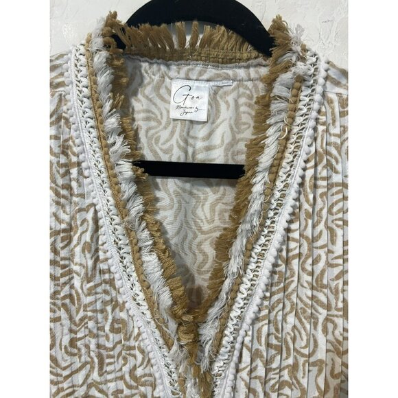 Goa Beachwear by Japna Sz XL Mini Dress Bathing Suit Coverup Tan White Fringe - Picture 3 of 7
